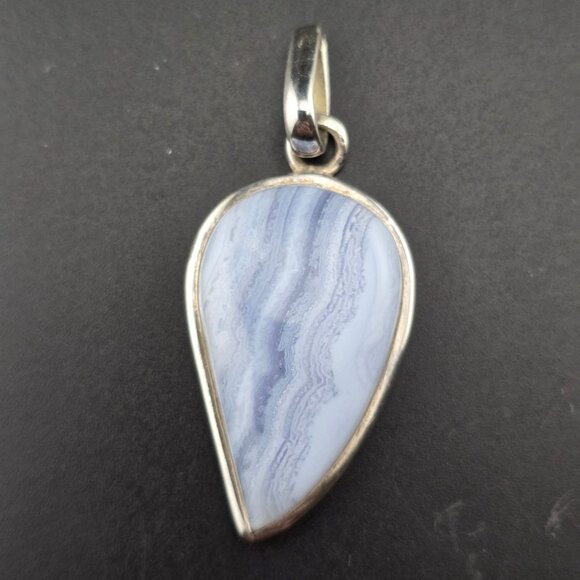 Blue Lace Agate Teardrop Pendant In 925 Sterling Silver Artisan Design 2 Inches - Picture 2 of 9